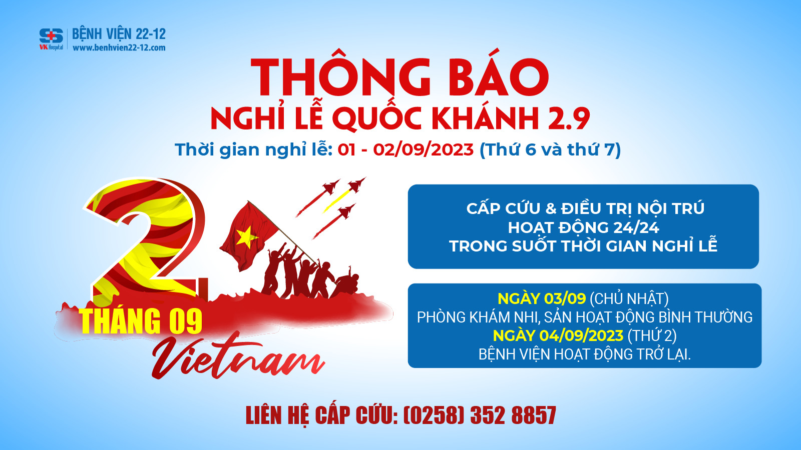 Bệnh viện 22-12 | Thông báo nghỉ lễ 2.9 Bệnh viện 22-12 | Thông báo nghỉ lễ 2.9